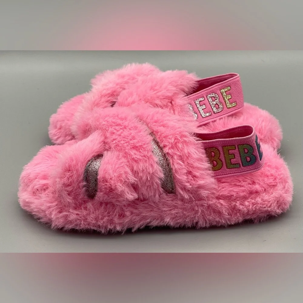 Bebe Girls Pink Faux Fur Slippers Size 9/10 Runs Small NEW Without Tags